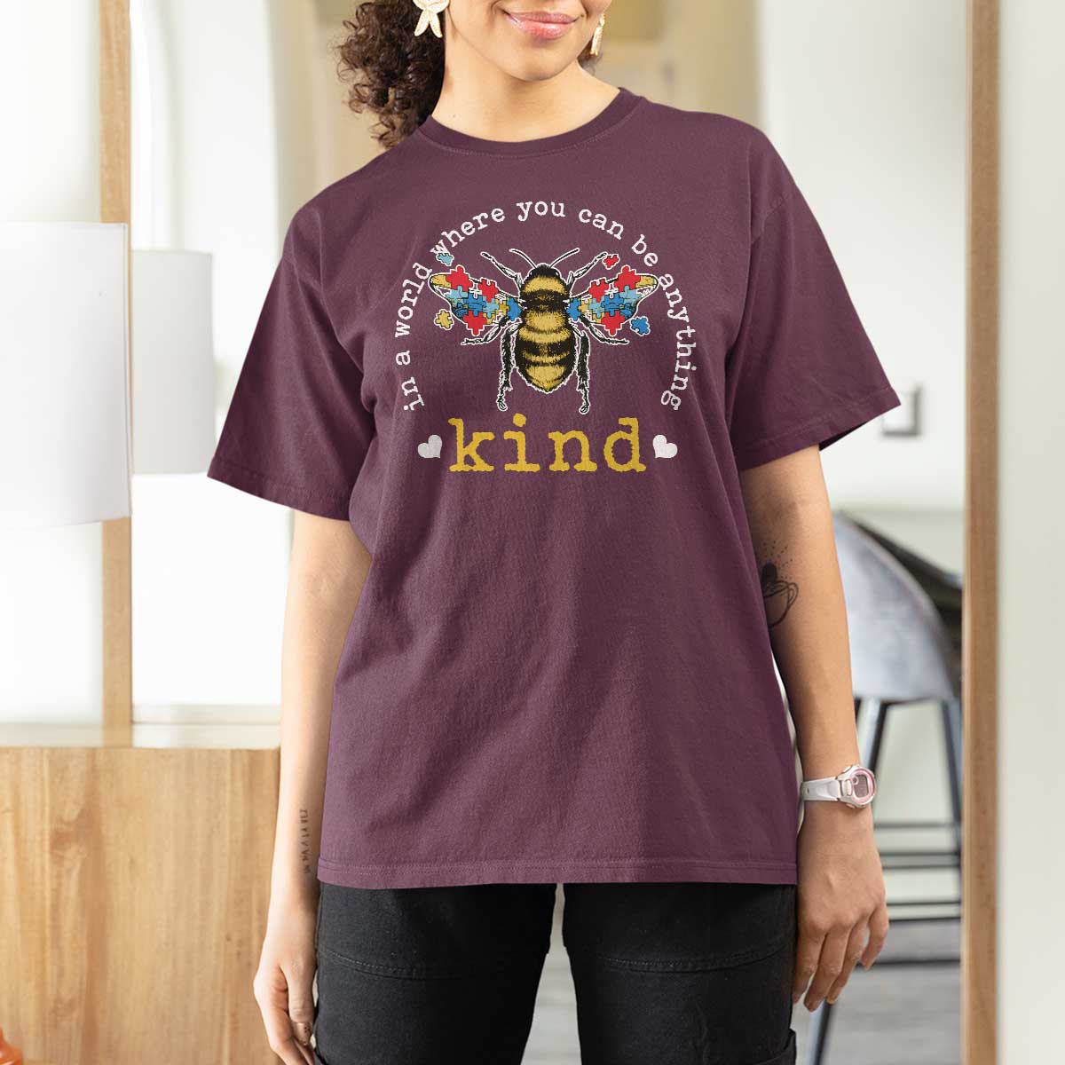 Autism Awareness T Shirt For Women In A World Where You Can Be Anything Bee Kind Puzzle Pieces