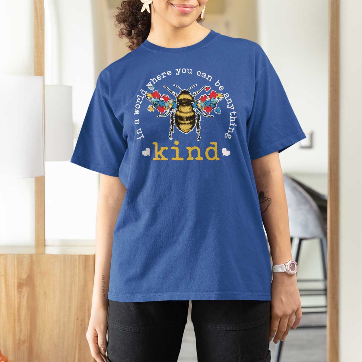 Autism Awareness T Shirt For Women In A World Where You Can Be Anything Bee Kind Puzzle Pieces