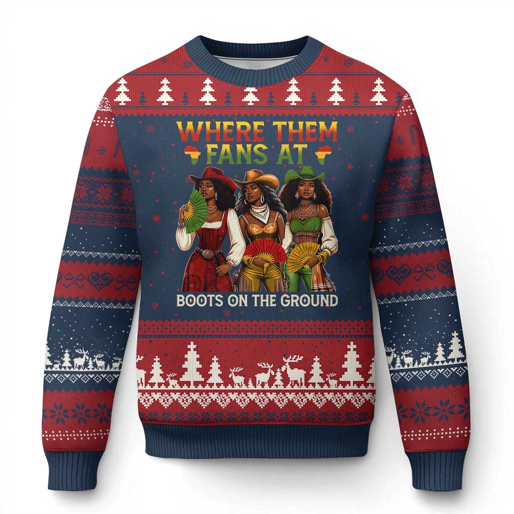 Where Them Fans At Boots On The Ground Ugly Christmas Sweater Black African American Cowgirl Western Country Rodeo - Wonder Print Shop