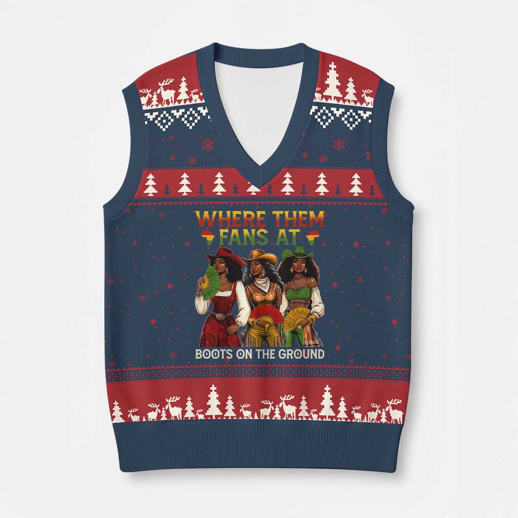 Where Them Fans At Boots On The Ground V-Neck Knit Sweater Vest Black African American Cowgirl Western Country Rodeo - Wonder Print Shop