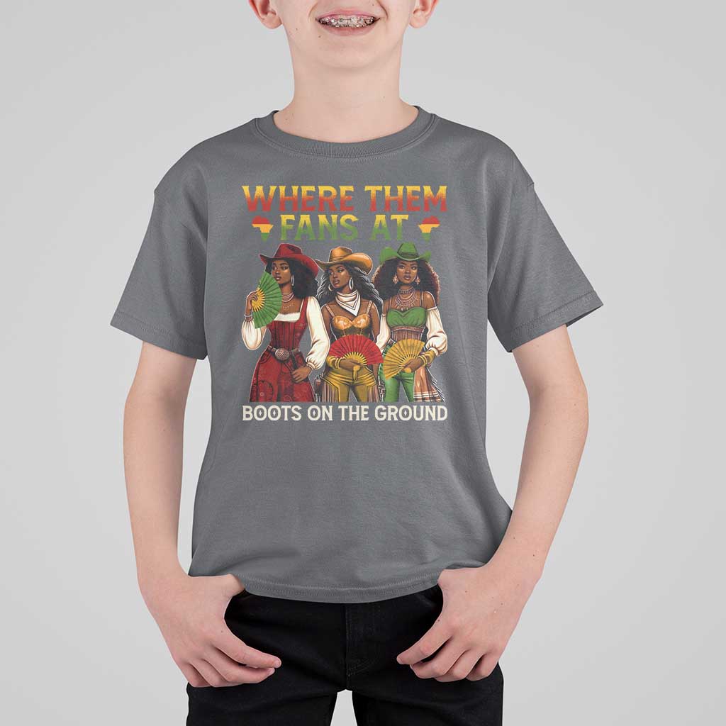 Where Them Fans At Boots On The Ground T Shirt For Kid Black African American Cowgirl Western Country Rodeo - Wonder Print Shop