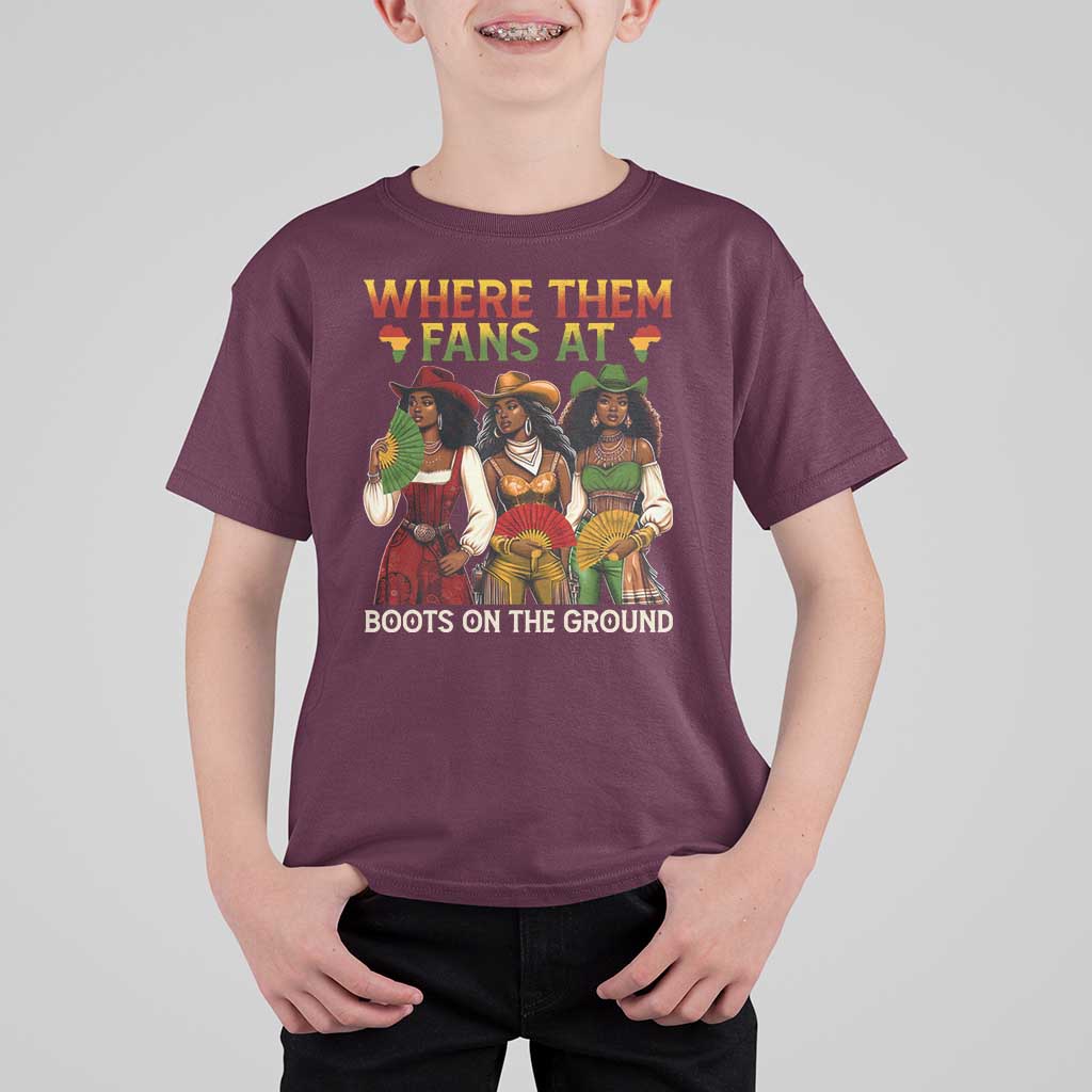 Where Them Fans At Boots On The Ground T Shirt For Kid Black African American Cowgirl Western Country Rodeo - Wonder Print Shop