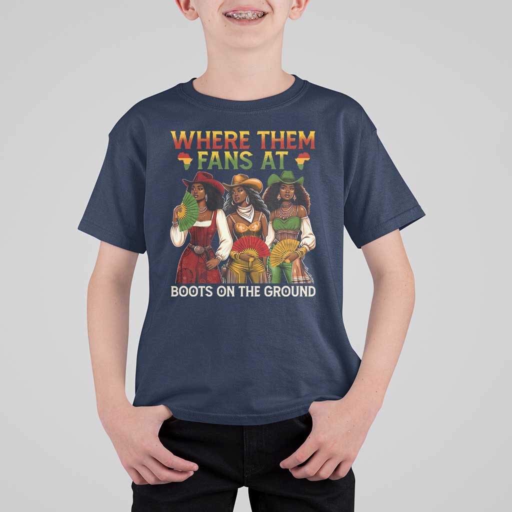 Where Them Fans At Boots On The Ground T Shirt For Kid Black African American Cowgirl Western Country Rodeo - Wonder Print Shop