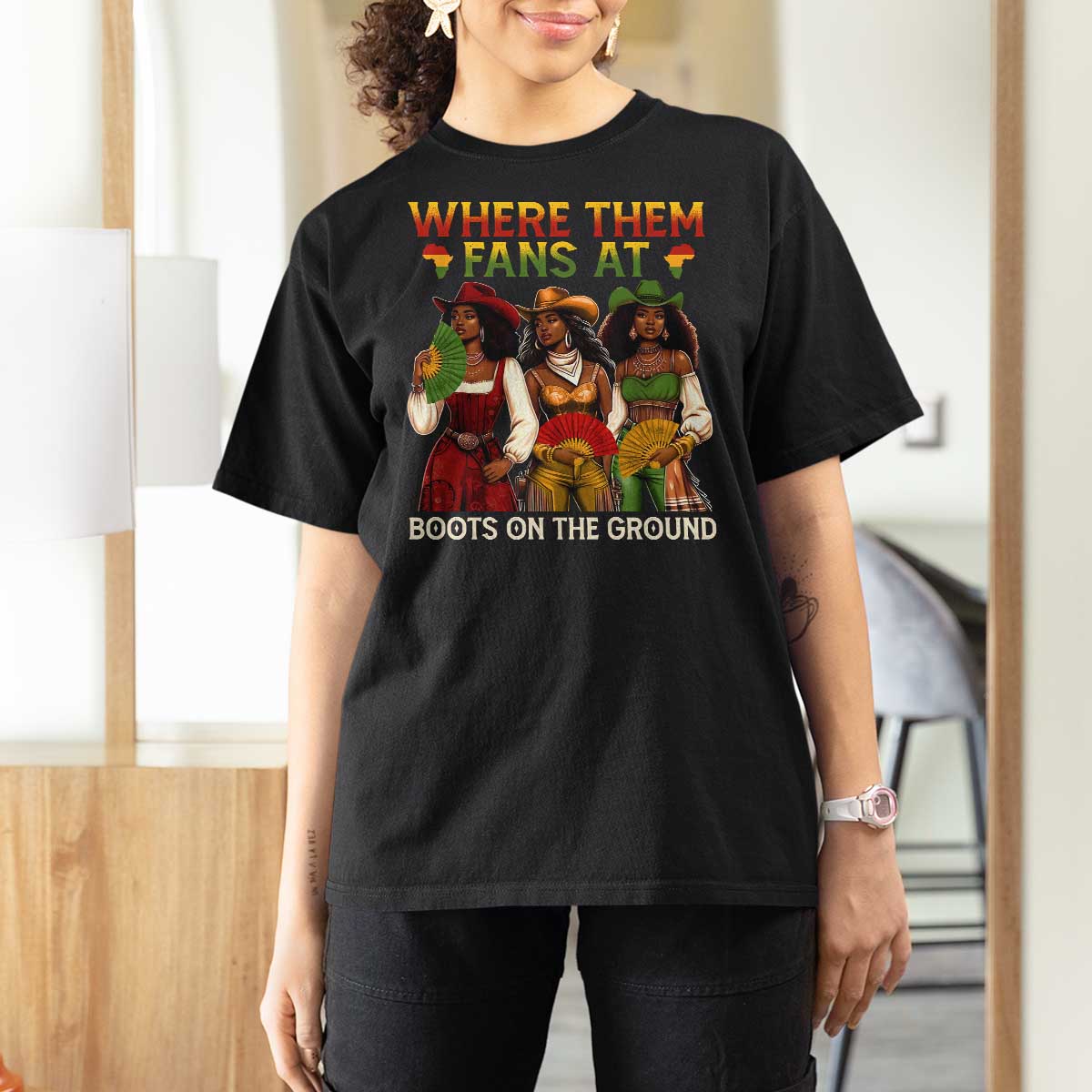 Where Them Fans At Boots On The Ground T Shirt For Women Black African American Cowgirl Western Country Rodeo - Wonder Print Shop
