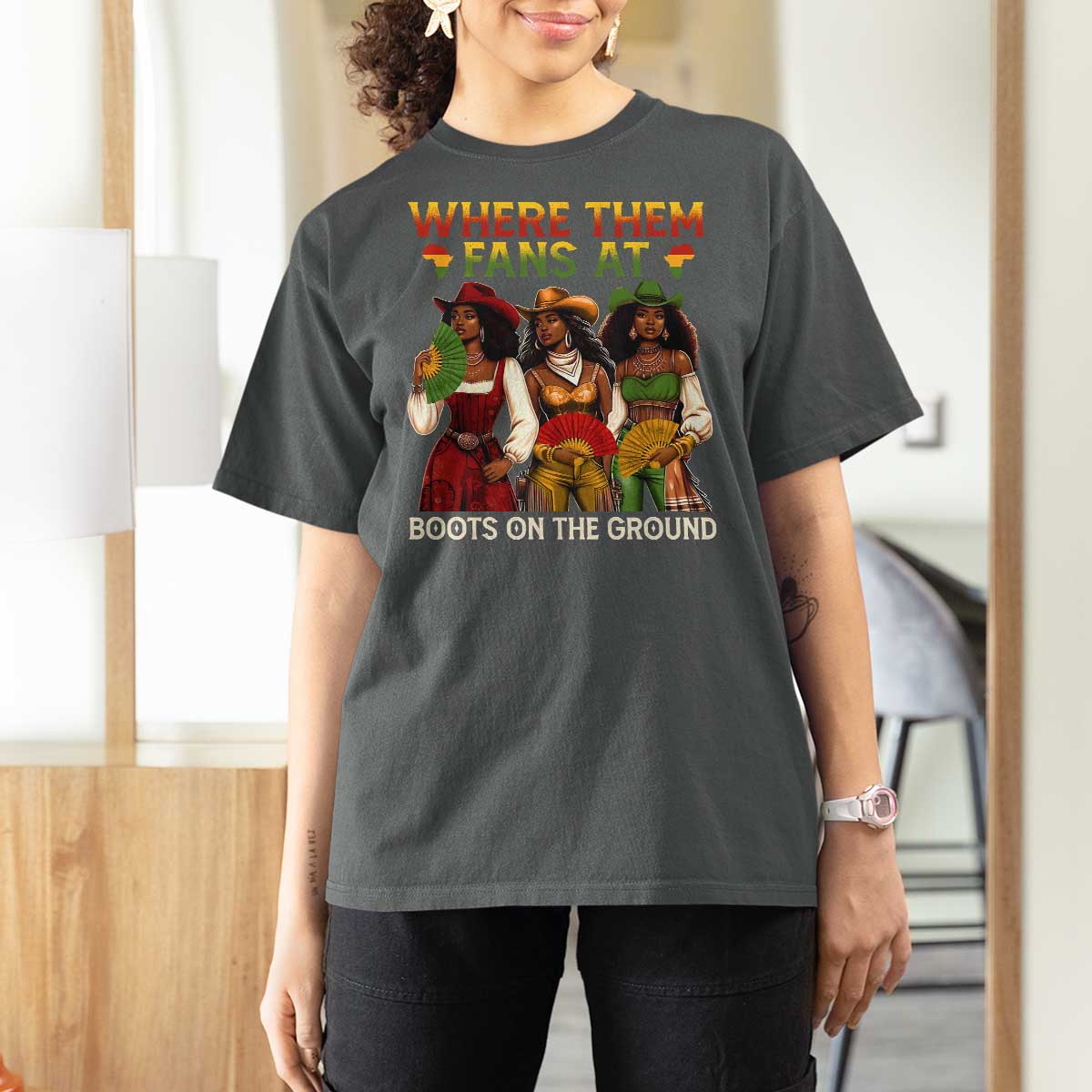 Where Them Fans At Boots On The Ground T Shirt For Women Black African American Cowgirl Western Country Rodeo - Wonder Print Shop