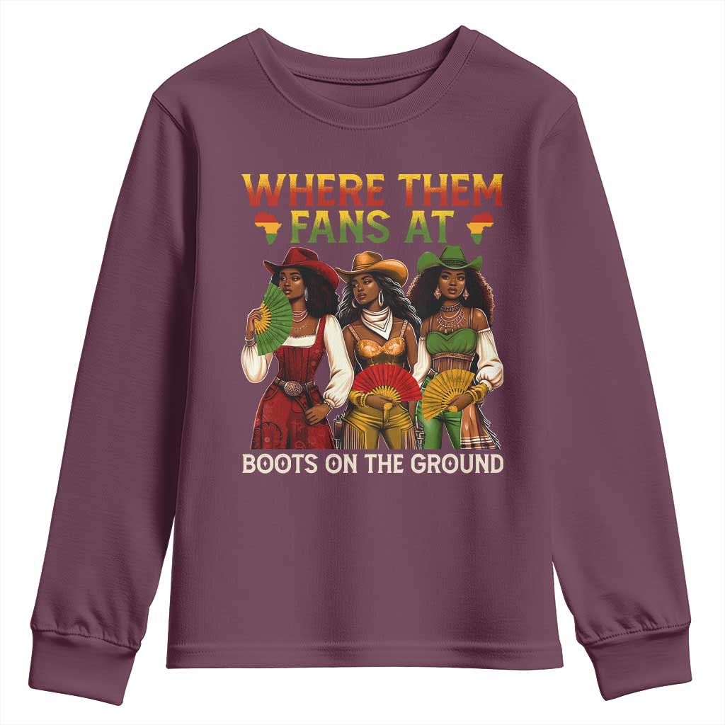 Where Them Fans At Boots On The Ground Youth Sweatshirt Black African American Cowgirl Western Country Rodeo - Wonder Print Shop