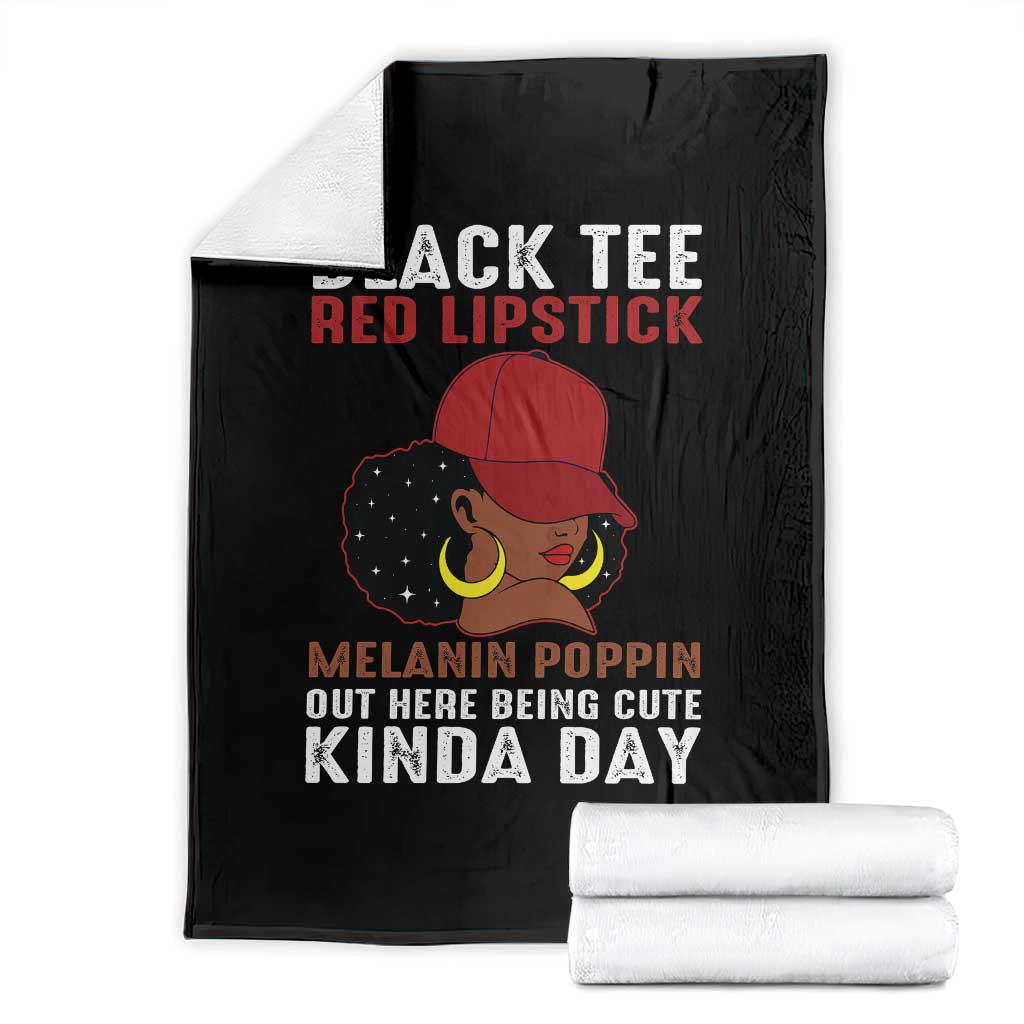 Funny African American Afro Queen Throw Blanket Black Tee Red Lipstick Melanin Poppin Out Here Being Cute - Wonder Print Shop