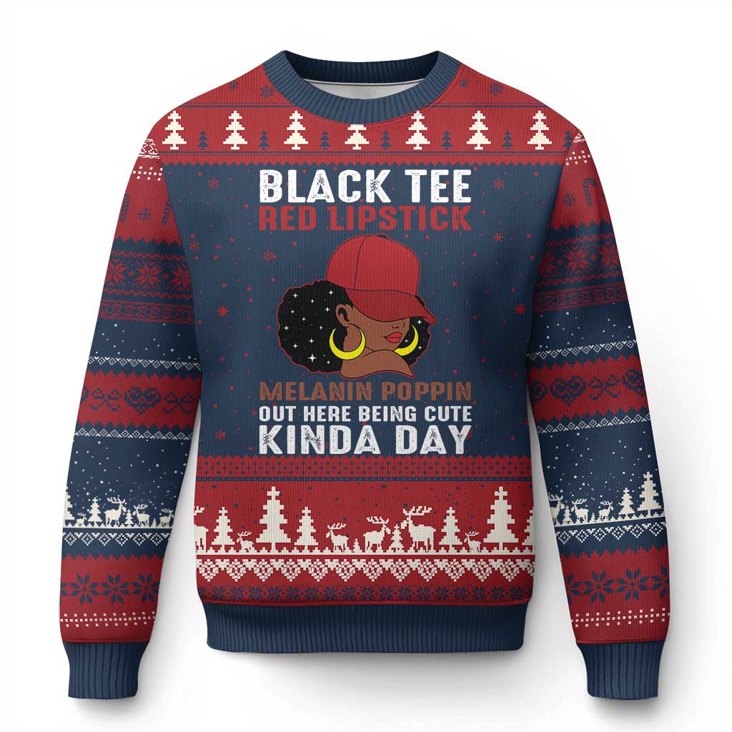 Funny African American Afro Queen Ugly Christmas Sweater Black Tee Red Lipstick Melanin Poppin Out Here Being Cute - Wonder Print Shop