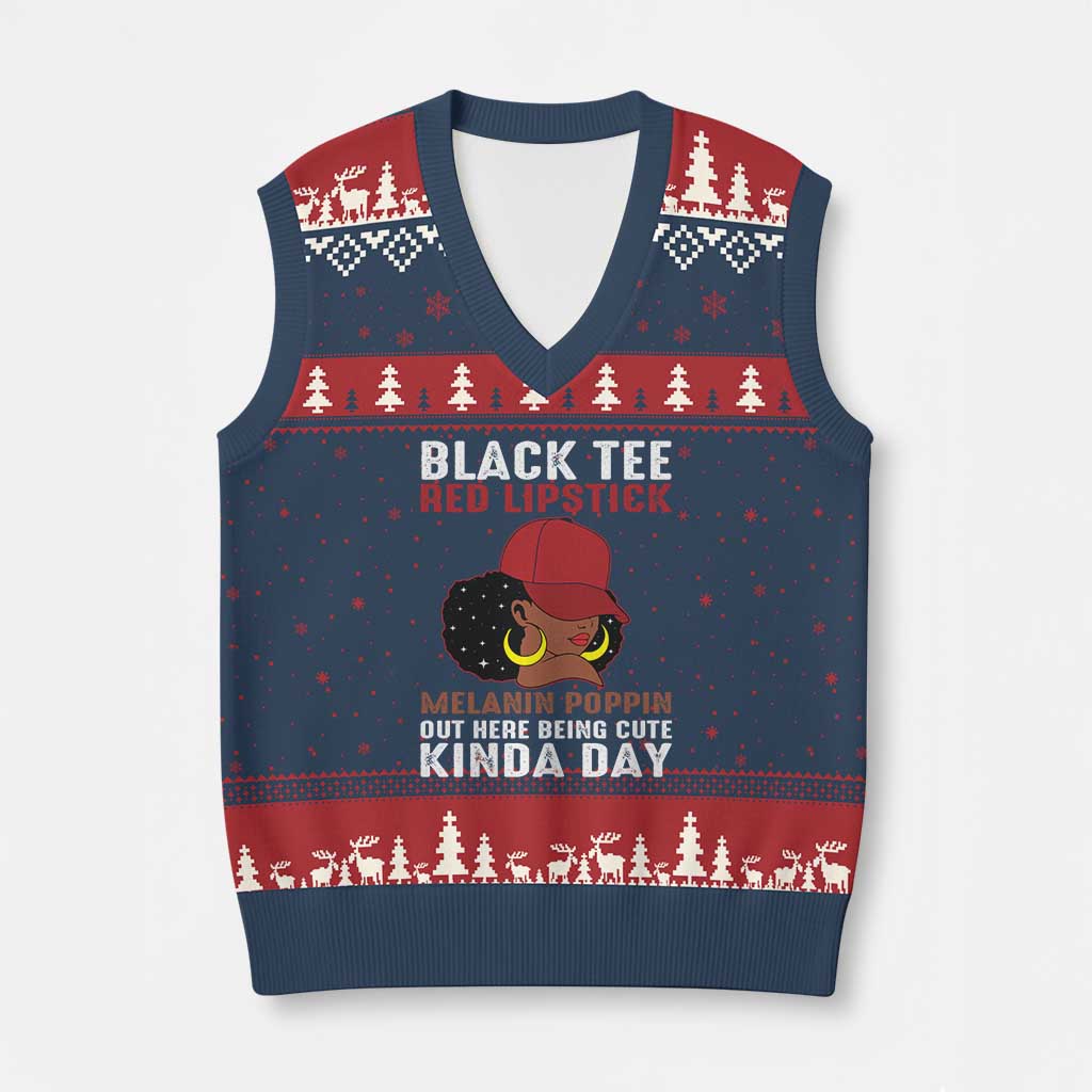 Funny African American Afro Queen V-Neck Knit Sweater Vest Black Tee Red Lipstick Melanin Poppin Out Here Being Cute - Wonder Print Shop