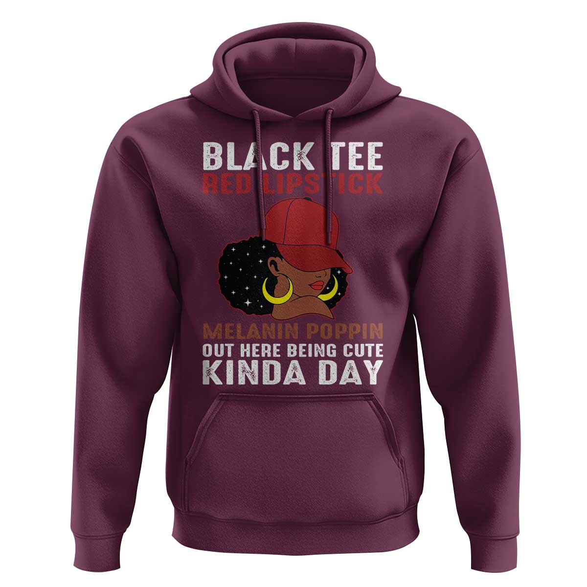 Funny African American Afro Queen Hoodie Black Tee Red Lipstick Melanin Poppin Out Here Being Cute - Wonder Print Shop