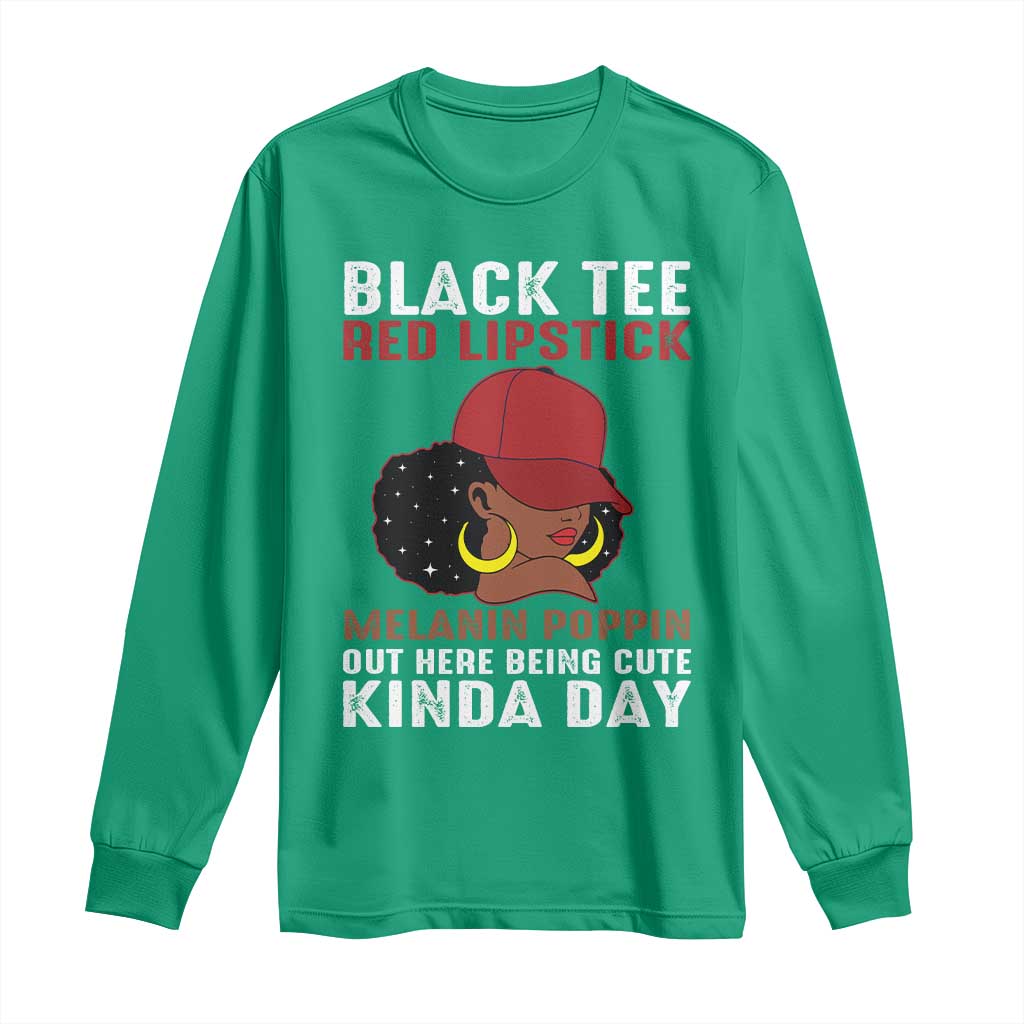Funny African American Afro Queen Long Sleeve Shirt Black Tee Red Lipstick Melanin Poppin Out Here Being Cute - Wonder Print Shop