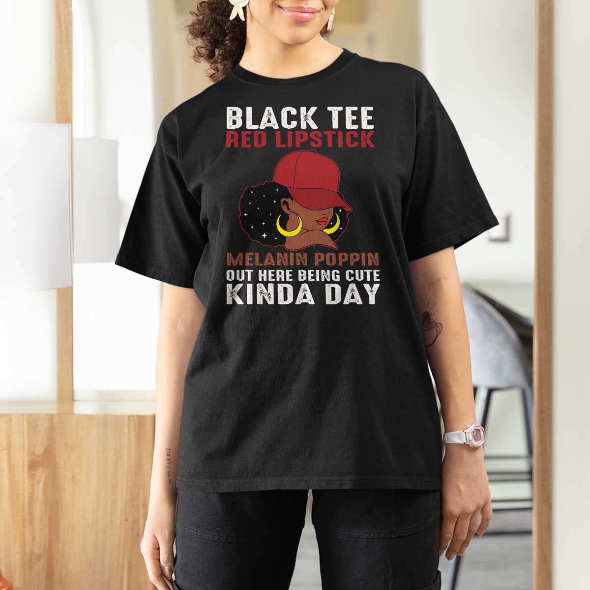 Funny African American Afro Queen T Shirt For Women Black Tee Red Lipstick Melanin Poppin Out Here Being Cute - Wonder Print Shop