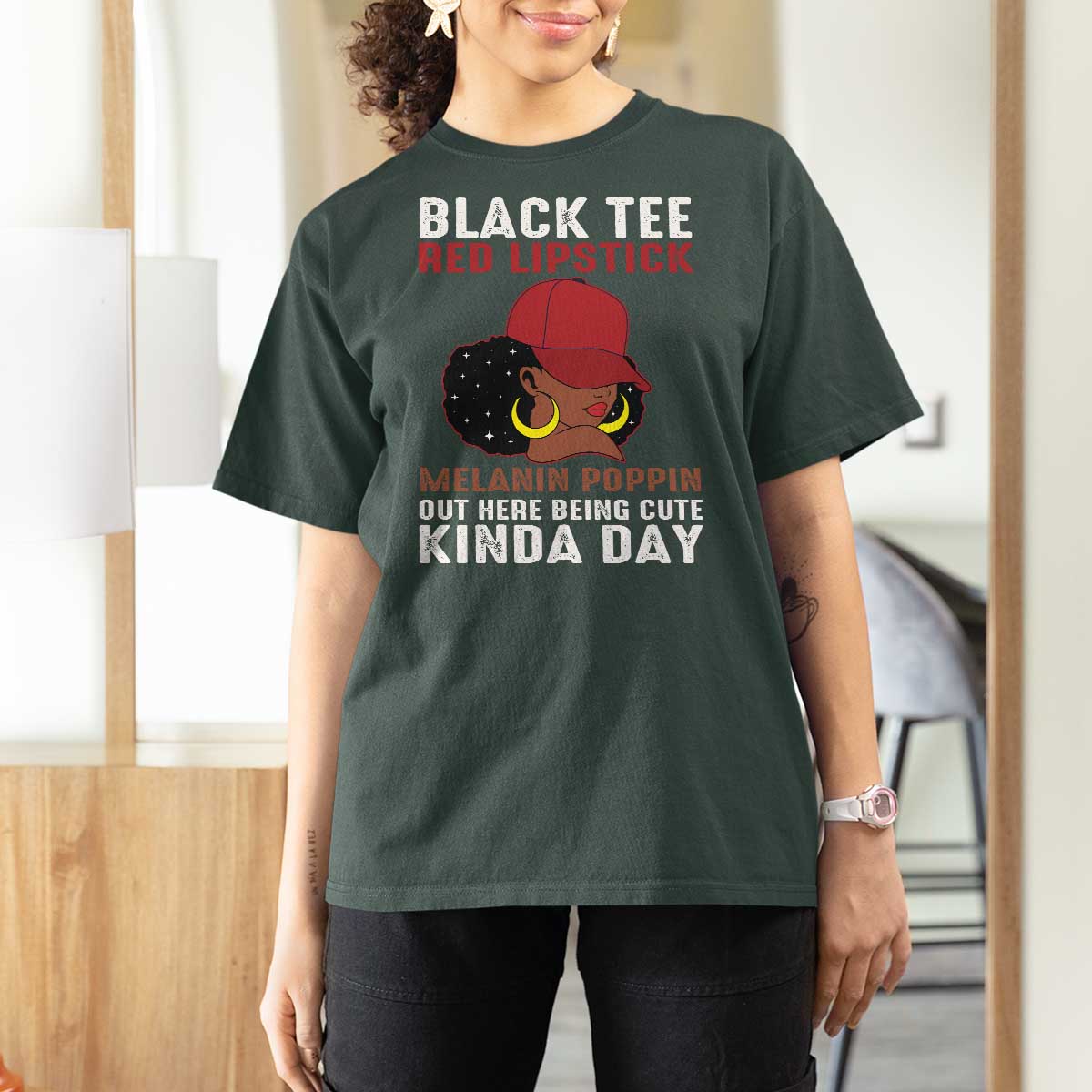 Funny African American Afro Queen T Shirt For Women Black Tee Red Lipstick Melanin Poppin Out Here Being Cute - Wonder Print Shop