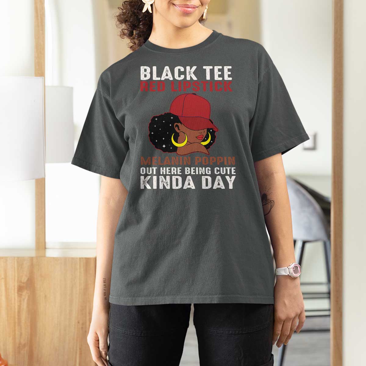 Funny African American Afro Queen T Shirt For Women Black Tee Red Lipstick Melanin Poppin Out Here Being Cute - Wonder Print Shop