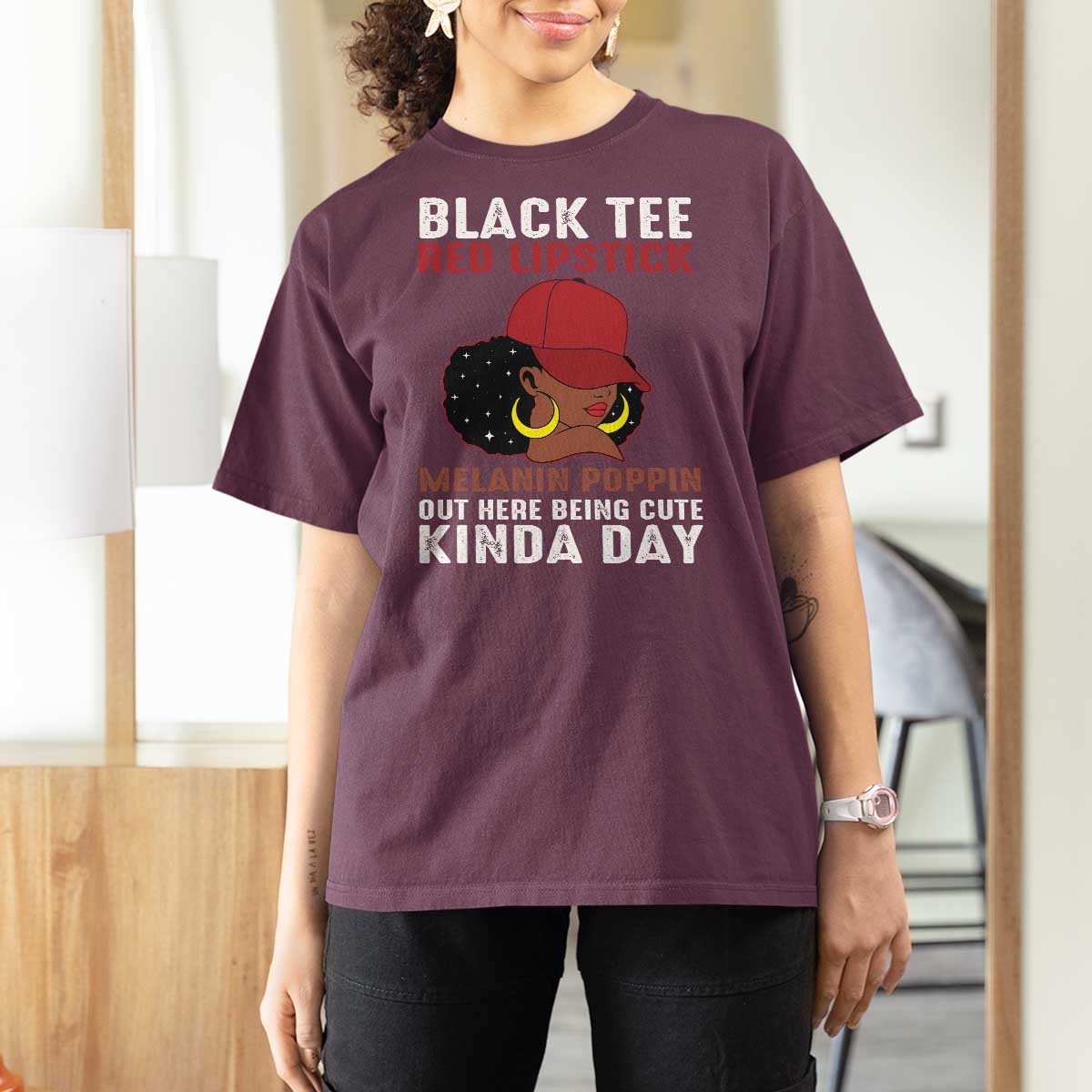 Funny African American Afro Queen T Shirt For Women Black Tee Red Lipstick Melanin Poppin Out Here Being Cute - Wonder Print Shop