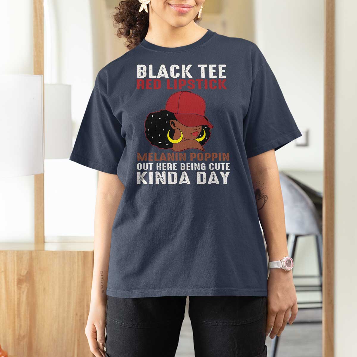 Funny African American Afro Queen T Shirt For Women Black Tee Red Lipstick Melanin Poppin Out Here Being Cute - Wonder Print Shop