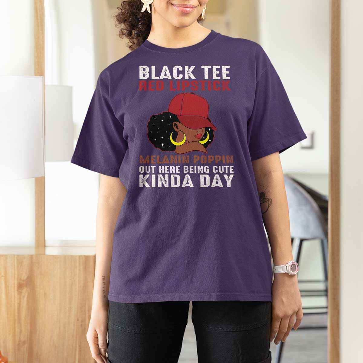 Funny African American Afro Queen T Shirt For Women Black Tee Red Lipstick Melanin Poppin Out Here Being Cute - Wonder Print Shop