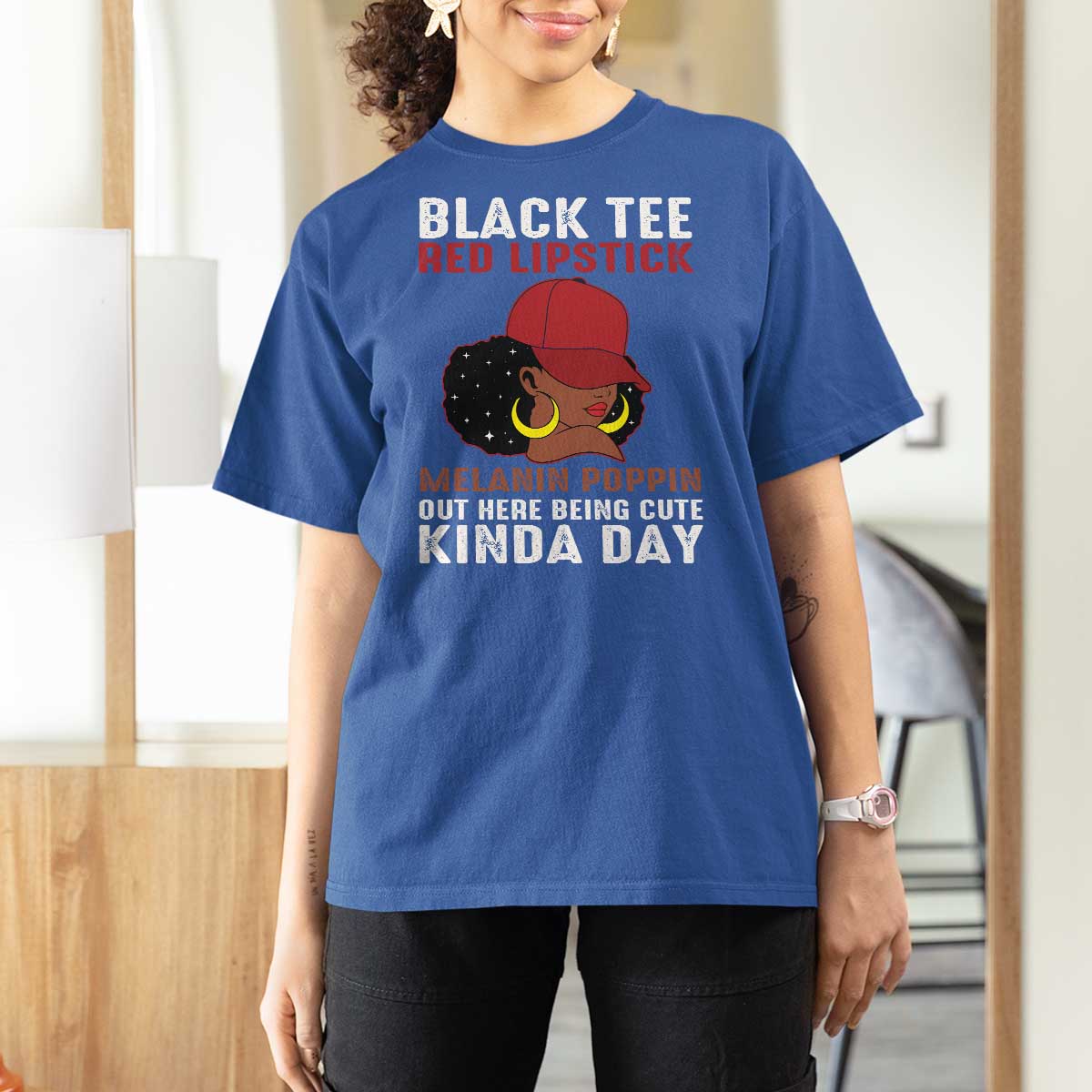 Funny African American Afro Queen T Shirt For Women Black Tee Red Lipstick Melanin Poppin Out Here Being Cute - Wonder Print Shop