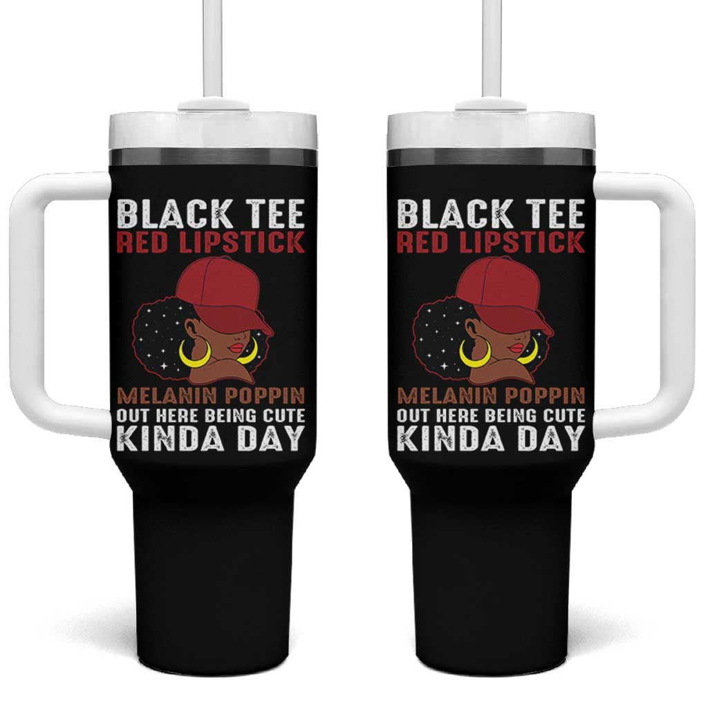 Funny African American Afro Queen Tumbler With Handle Black Tee Red Lipstick Melanin Poppin Out Here Being Cute - Wonder Print Shop
