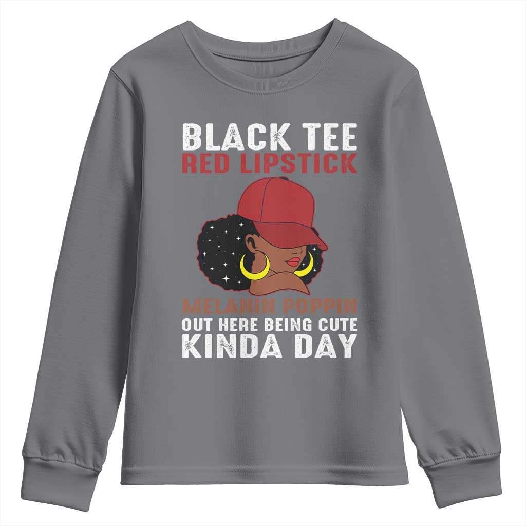Funny African American Afro Queen Youth Sweatshirt Black Tee Red Lipstick Melanin Poppin Out Here Being Cute - Wonder Print Shop