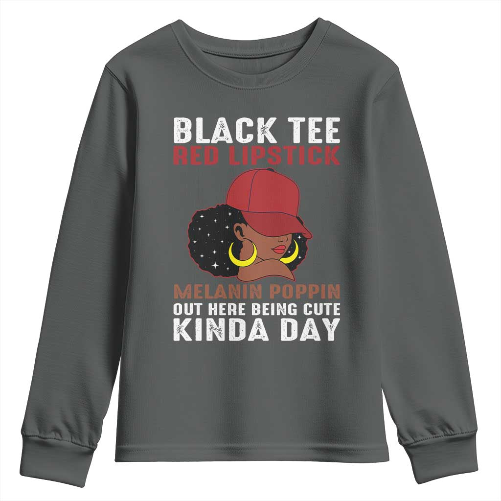 Funny African American Afro Queen Youth Sweatshirt Black Tee Red Lipstick Melanin Poppin Out Here Being Cute - Wonder Print Shop