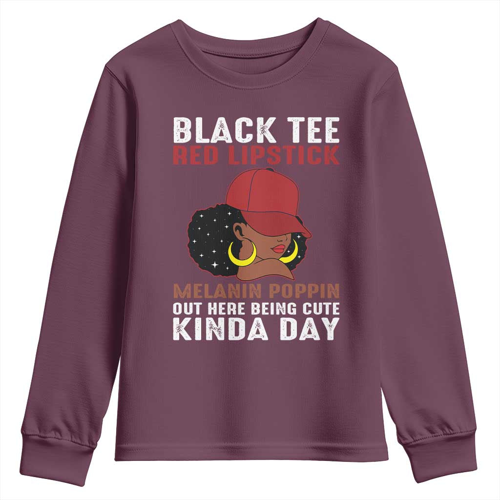 Funny African American Afro Queen Youth Sweatshirt Black Tee Red Lipstick Melanin Poppin Out Here Being Cute - Wonder Print Shop