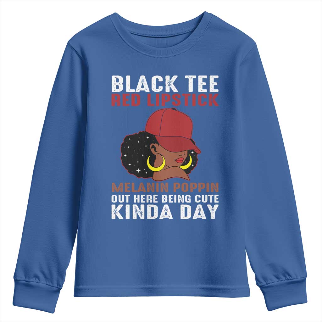 Funny African American Afro Queen Youth Sweatshirt Black Tee Red Lipstick Melanin Poppin Out Here Being Cute - Wonder Print Shop