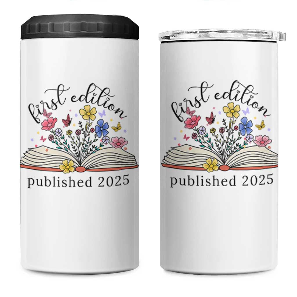 First Edition Published 2025 4 in 1 Can Cooler Tumbler Littlest Bookworm Funny Annoucement Baby Shower