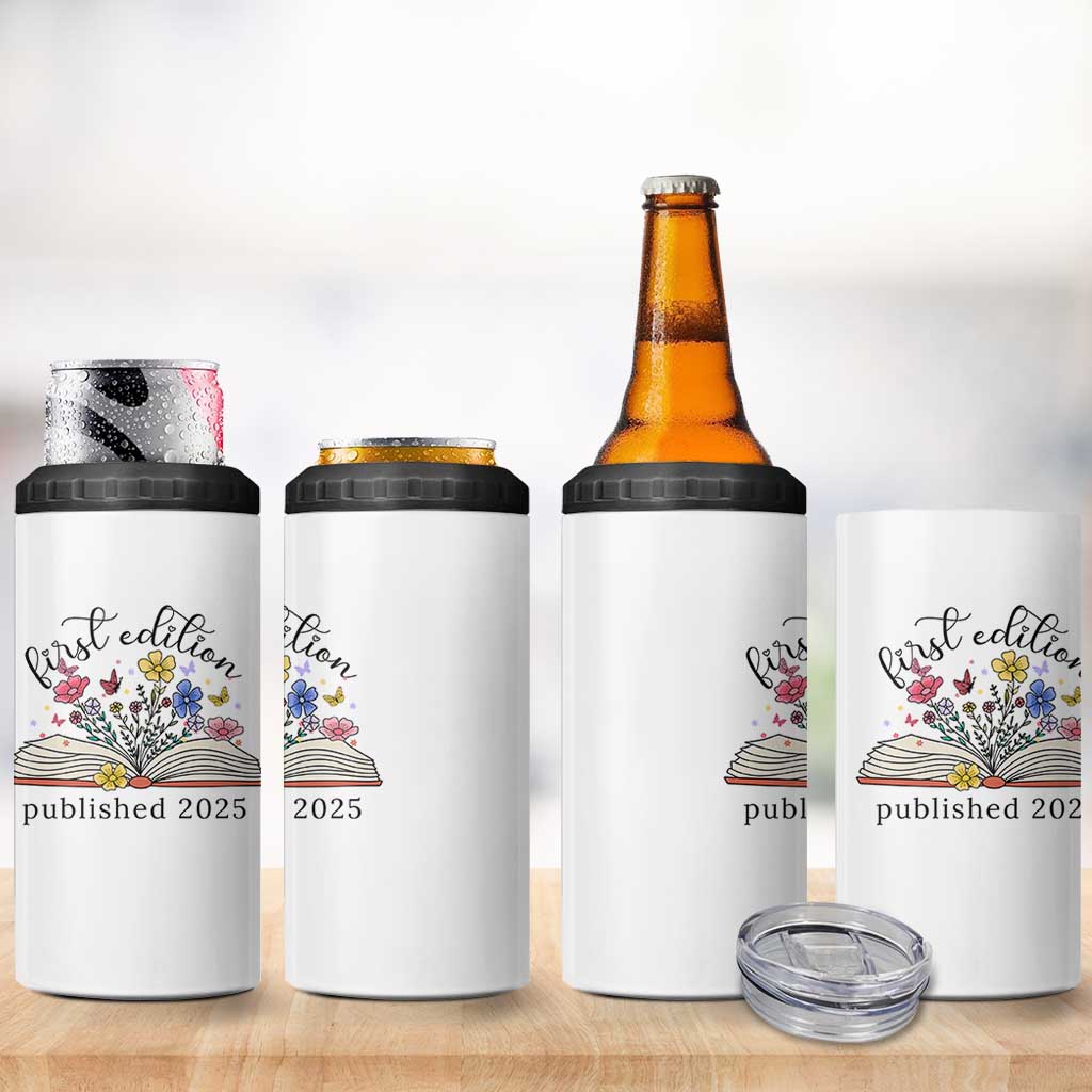 First Edition Published 2025 4 in 1 Can Cooler Tumbler Littlest Bookworm Funny Annoucement Baby Shower