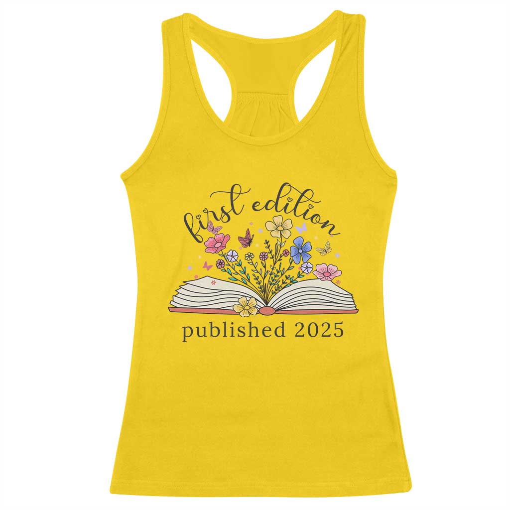 First Edition Published 2025 Racerback Tank Top Littlest Bookworm Funny Annoucement Baby Shower