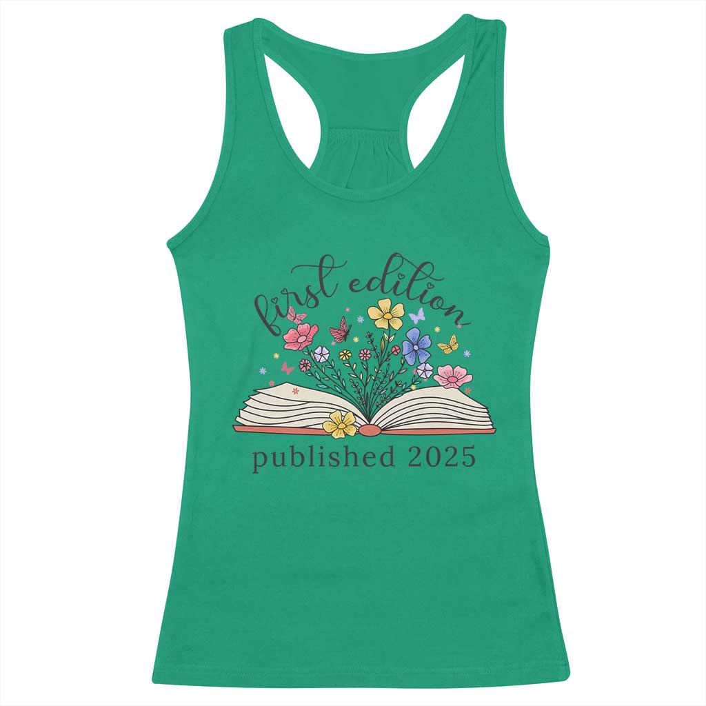 First Edition Published 2025 Racerback Tank Top Littlest Bookworm Funny Annoucement Baby Shower