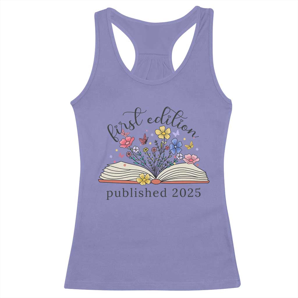 First Edition Published 2025 Racerback Tank Top Littlest Bookworm Funny Annoucement Baby Shower