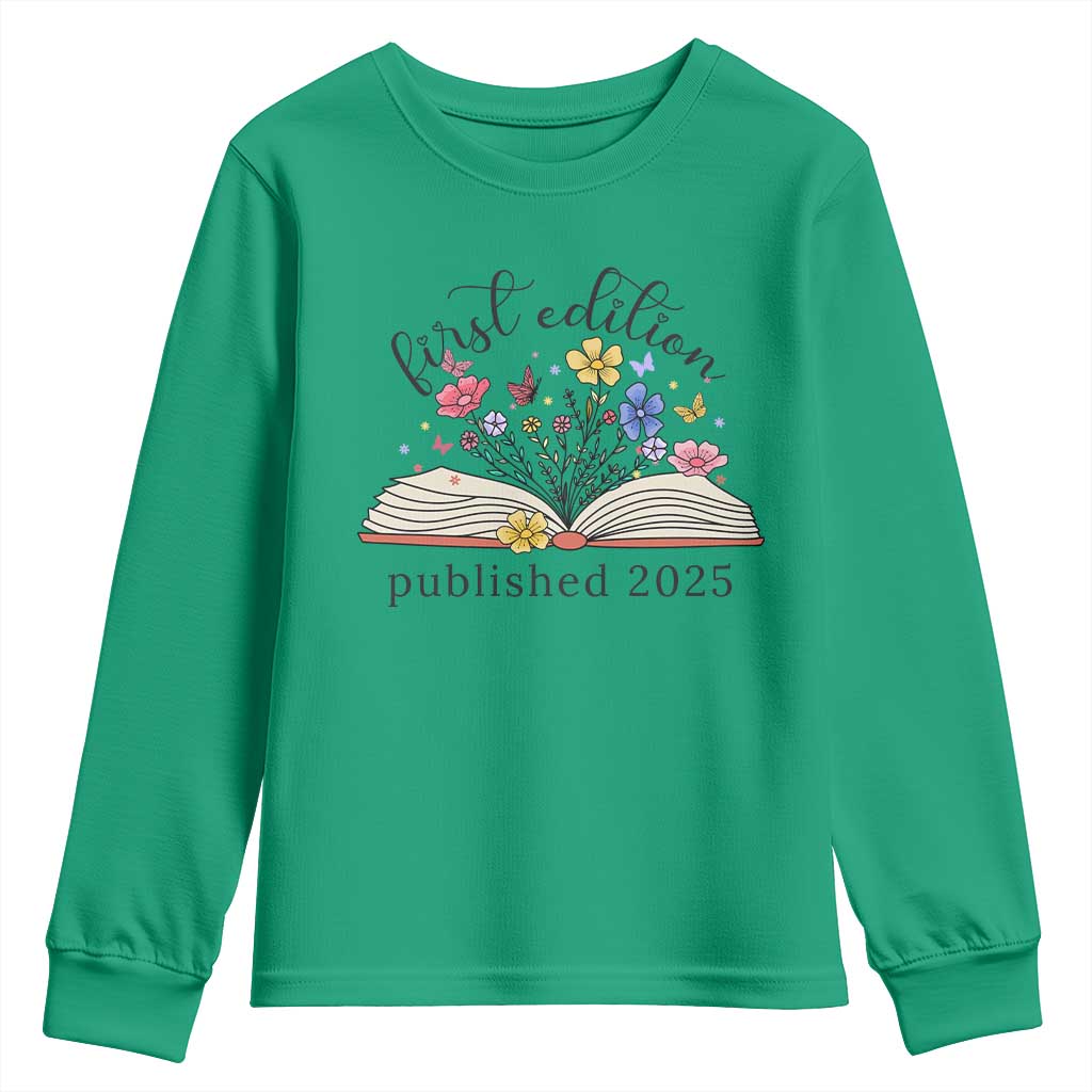 First Edition Published 2025 Youth Sweatshirt Littlest Bookworm Funny Annoucement Baby Shower