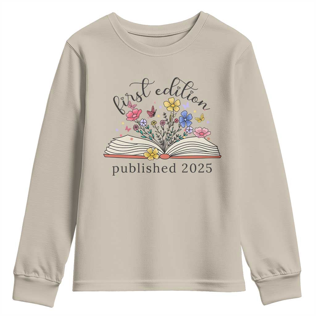 First Edition Published 2025 Youth Sweatshirt Littlest Bookworm Funny Annoucement Baby Shower