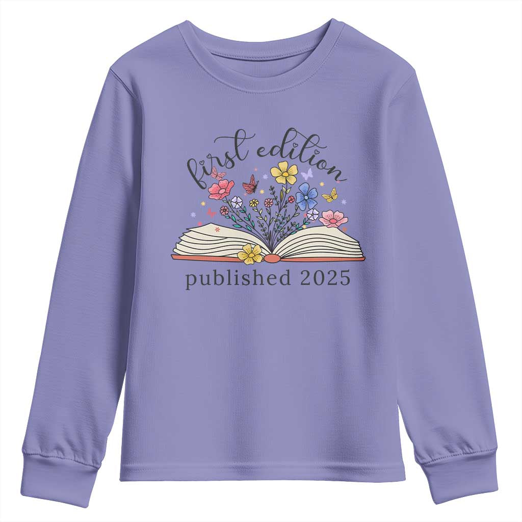 First Edition Published 2025 Youth Sweatshirt Littlest Bookworm Funny Annoucement Baby Shower