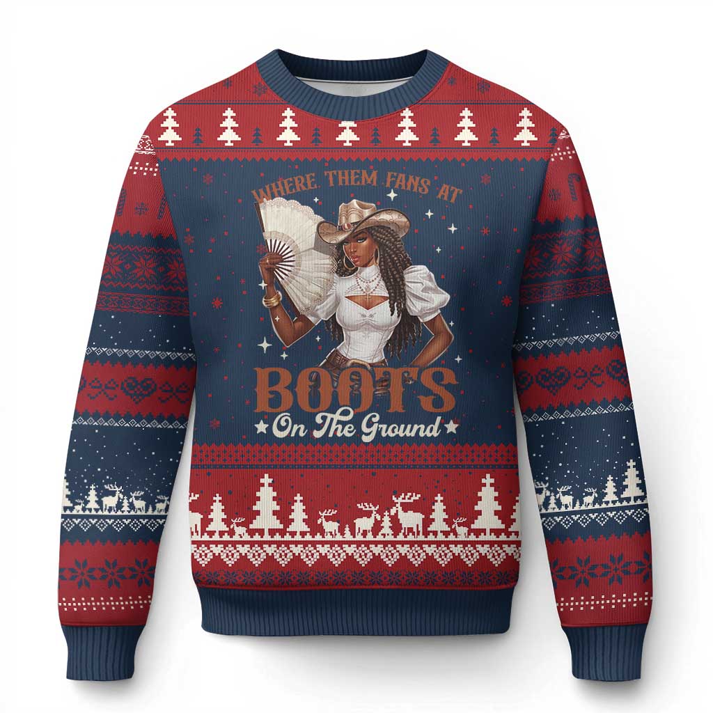 Black Cowgirl Ugly Christmas Sweater Where Them Fans At Boots On The Ground - Wonder Print Shop