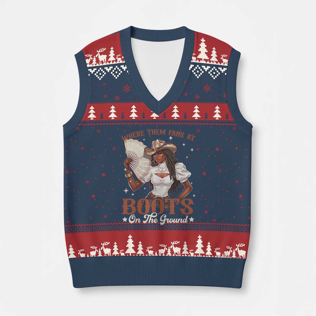 Black Cowgirl V-Neck Knit Sweater Vest Where Them Fans At Boots On The Ground - Wonder Print Shop
