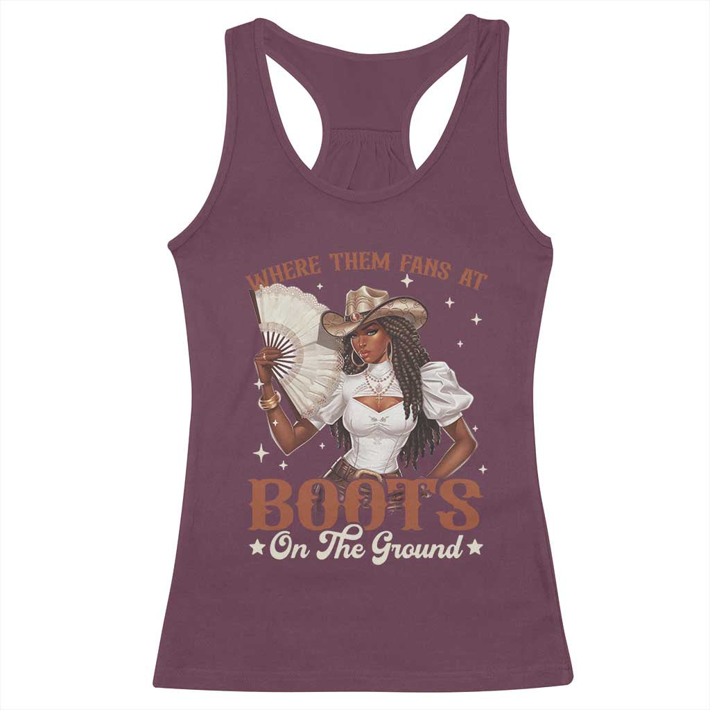 Black Cowgirl Racerback Tank Top Where Them Fans At Boots On The Ground - Wonder Print Shop