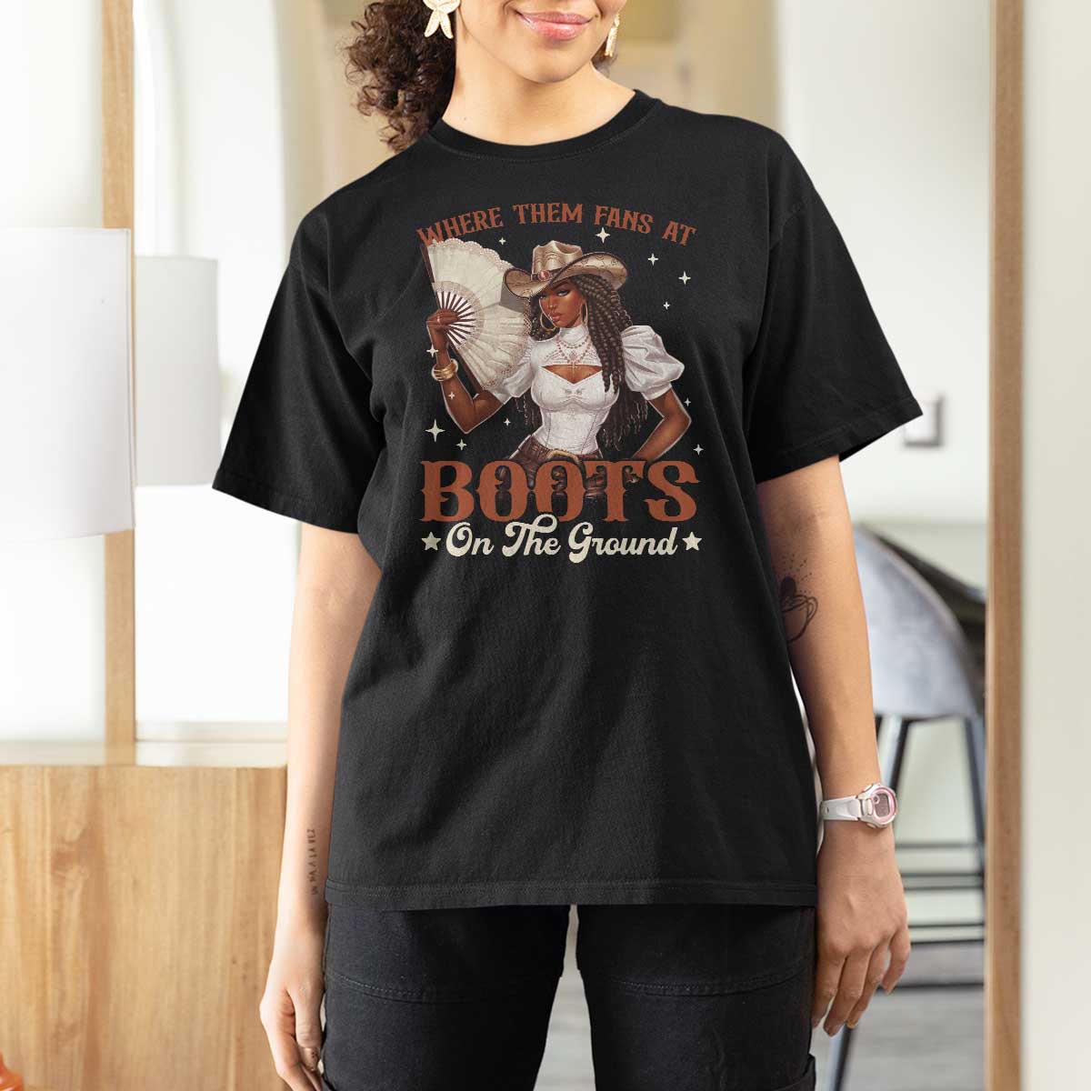 Black Cowgirl T Shirt For Women Where Them Fans At Boots On The Ground - Wonder Print Shop