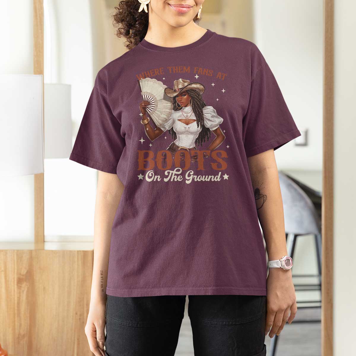 Black Cowgirl T Shirt For Women Where Them Fans At Boots On The Ground - Wonder Print Shop