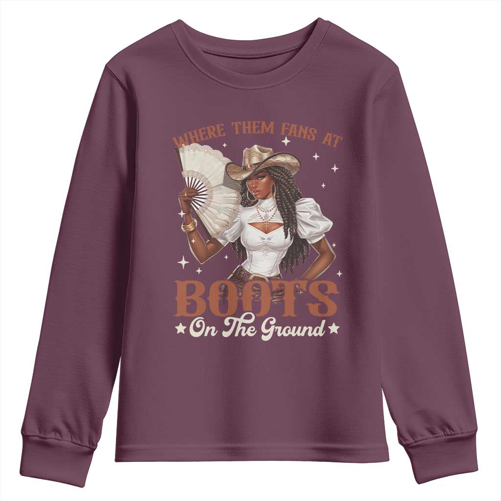 Black Cowgirl Youth Sweatshirt Where Them Fans At Boots On The Ground - Wonder Print Shop