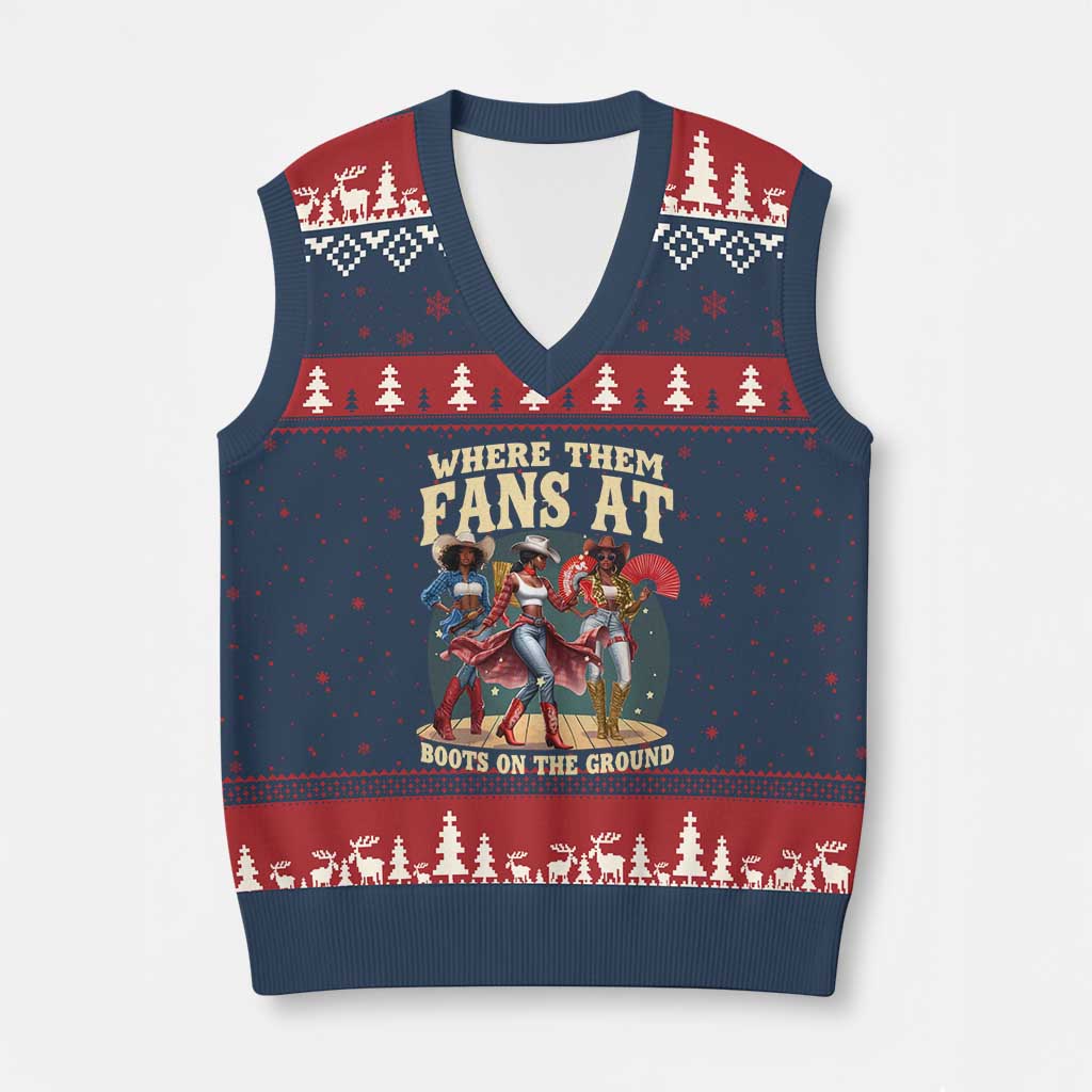 Where Them Fans At Boots On The Ground Black Cowgirl V-Neck Knit Sweater Vest