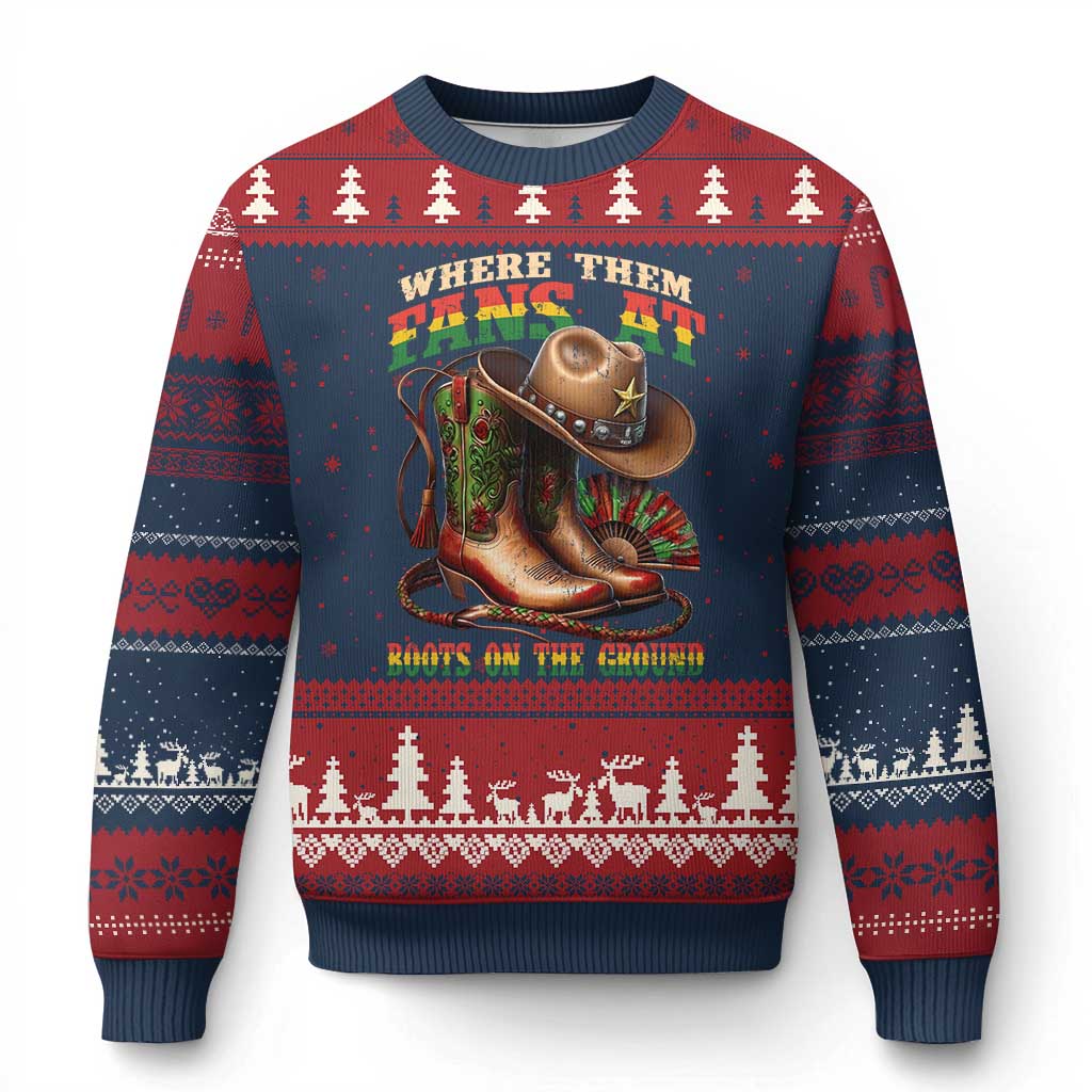 Where Them Fans At Boots On The Ground Ugly Christmas Sweater Black Cowgirl Western Pride