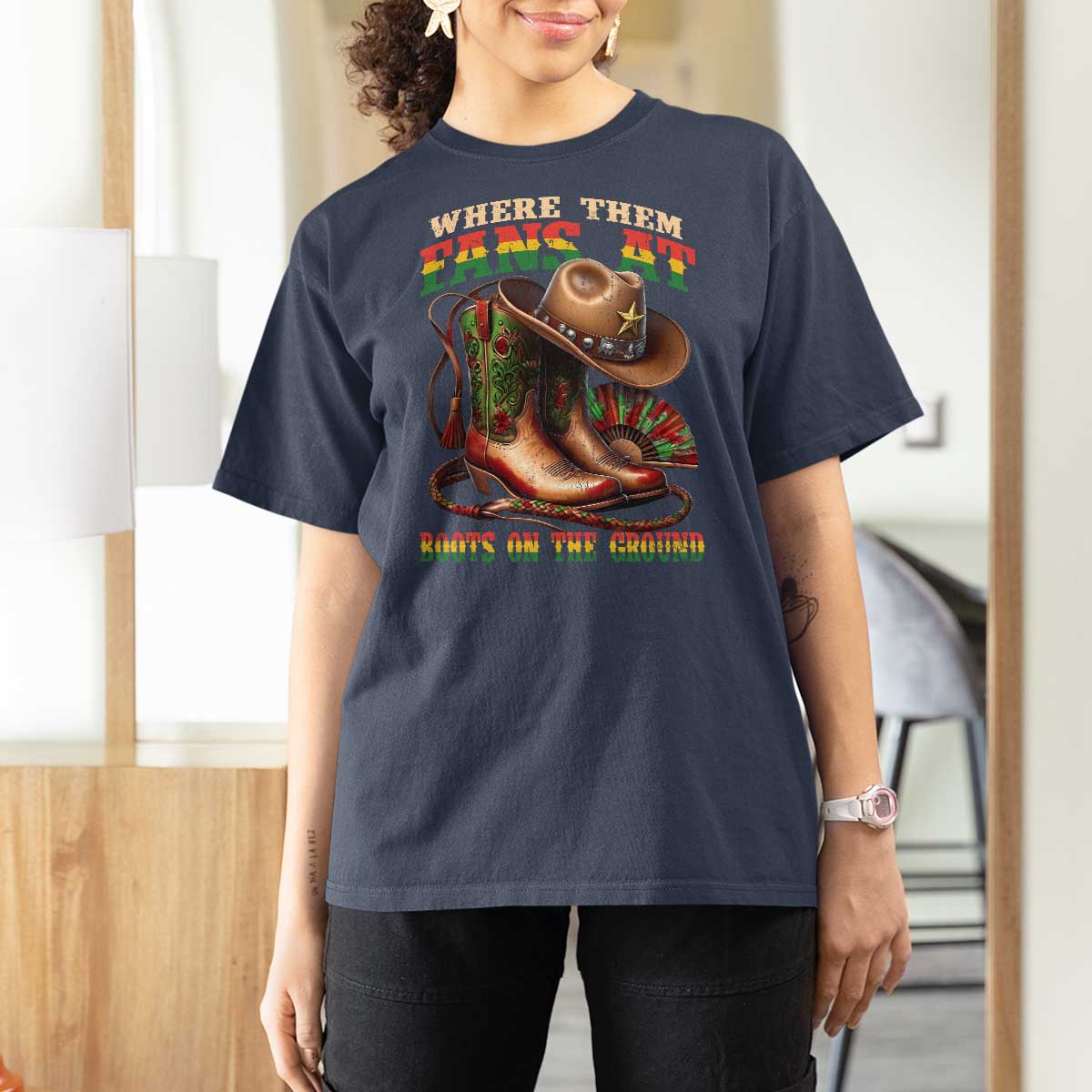 Where Them Fans At Boots On The Ground T Shirt For Women Black Cowgirl Western Pride