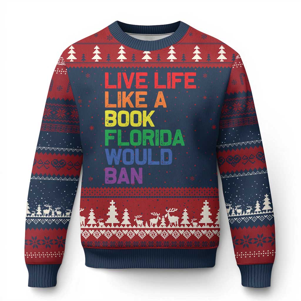 Retro Live Like Book In Florida LGBTQ Subtle Pride Ugly Christmas Sweater Rainbow LGBTQIA Pride - Wonder Print Shop