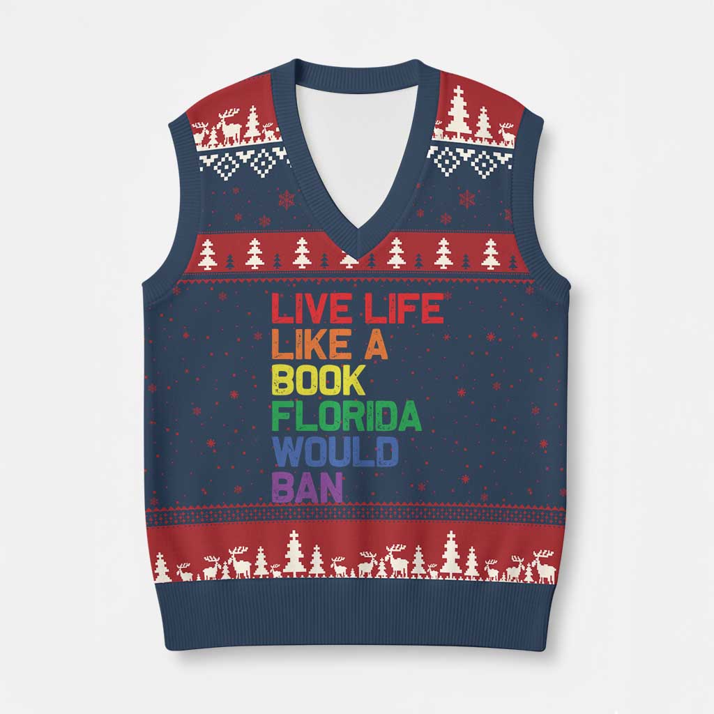 Retro Live Like Book In Florida LGBTQ Subtle Pride V-Neck Knit Sweater Vest Rainbow LGBTQIA Pride - Wonder Print Shop