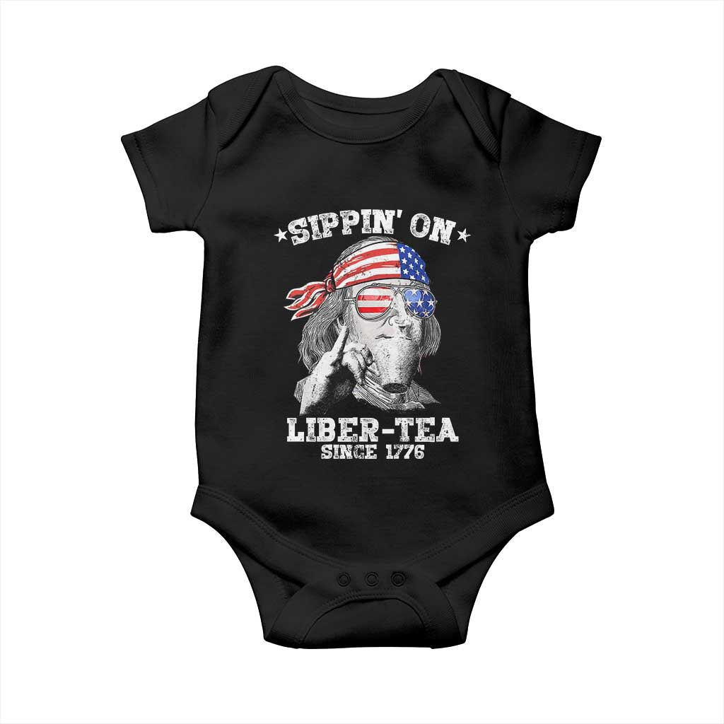 Funny 4th Of July Baby Onesie Sippin On Liber Tea Liberty Ben Franklin 1776 USA Flag - Wonder Print Shop
