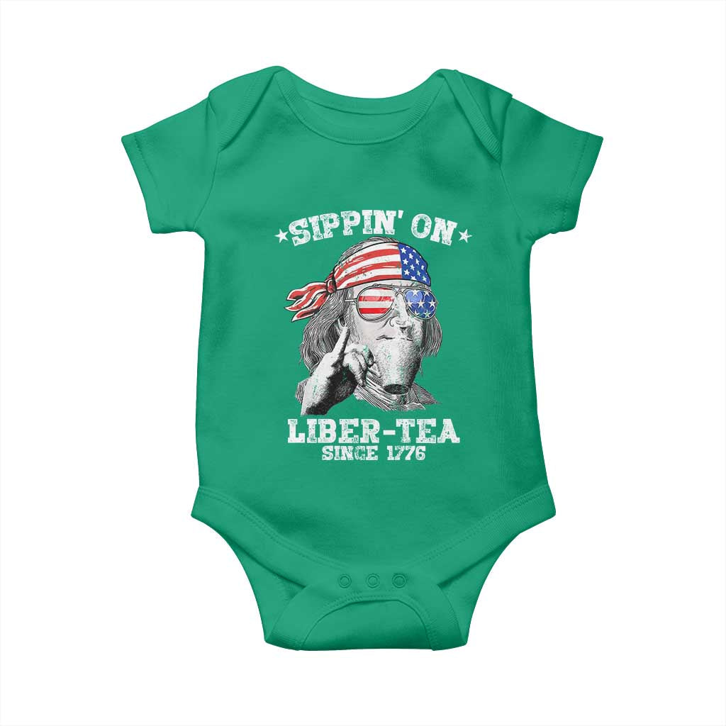 Funny 4th Of July Baby Onesie Sippin On Liber Tea Liberty Ben Franklin 1776 USA Flag - Wonder Print Shop