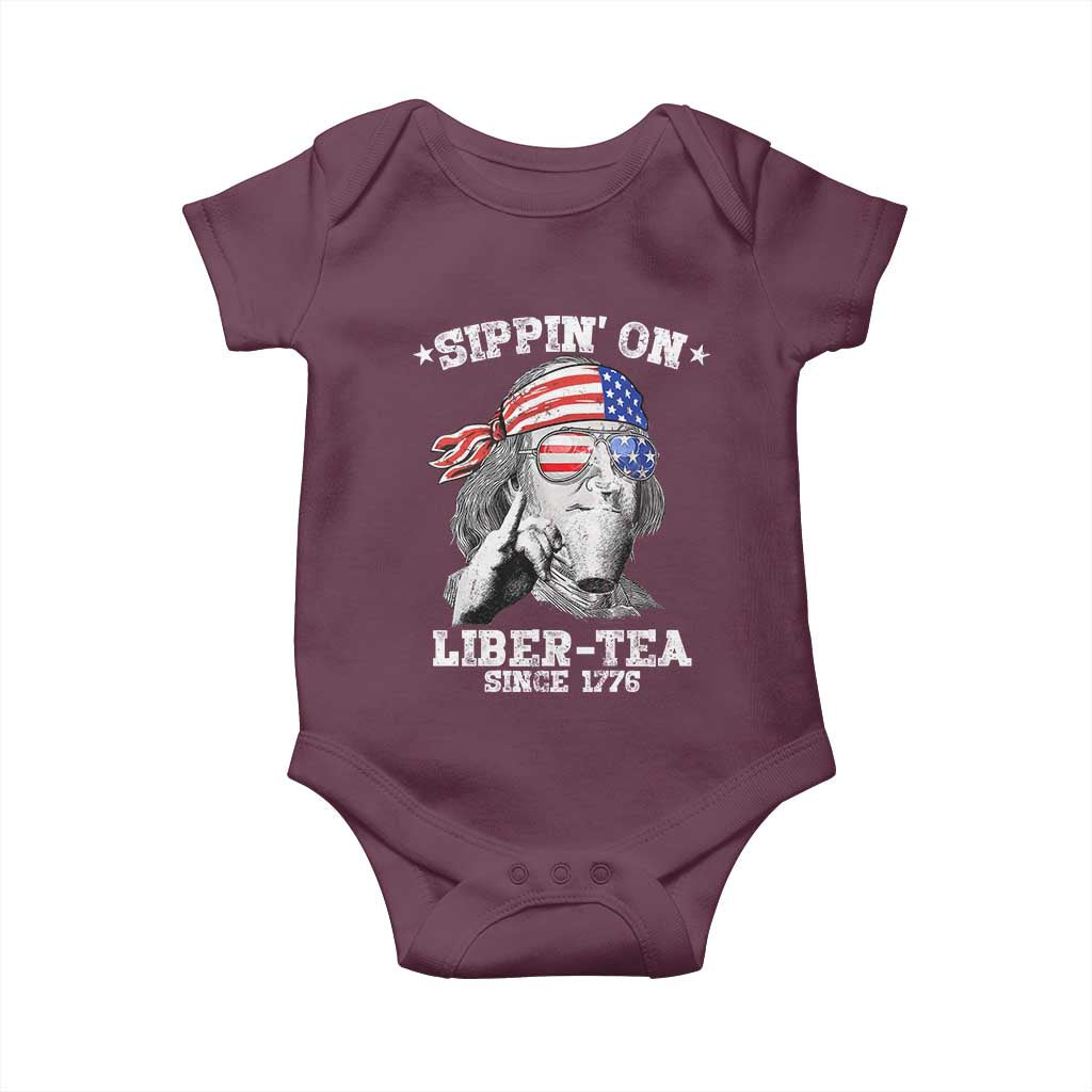 Funny 4th Of July Baby Onesie Sippin On Liber Tea Liberty Ben Franklin 1776 USA Flag - Wonder Print Shop