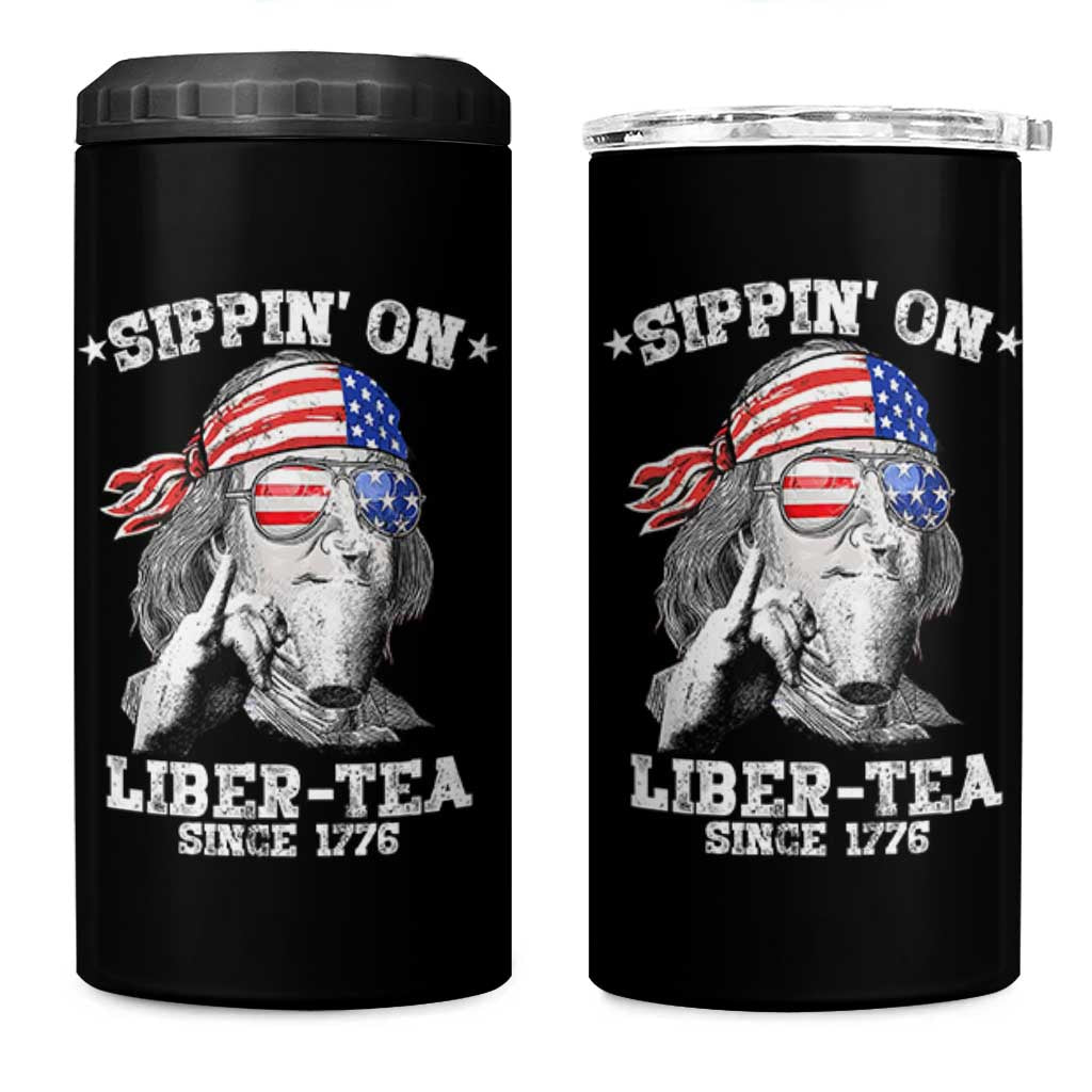 Funny 4th Of July 4 in 1 Can Cooler Tumbler Sippin On Liber Tea Liberty Ben Franklin 1776 USA Flag - Wonder Print Shop